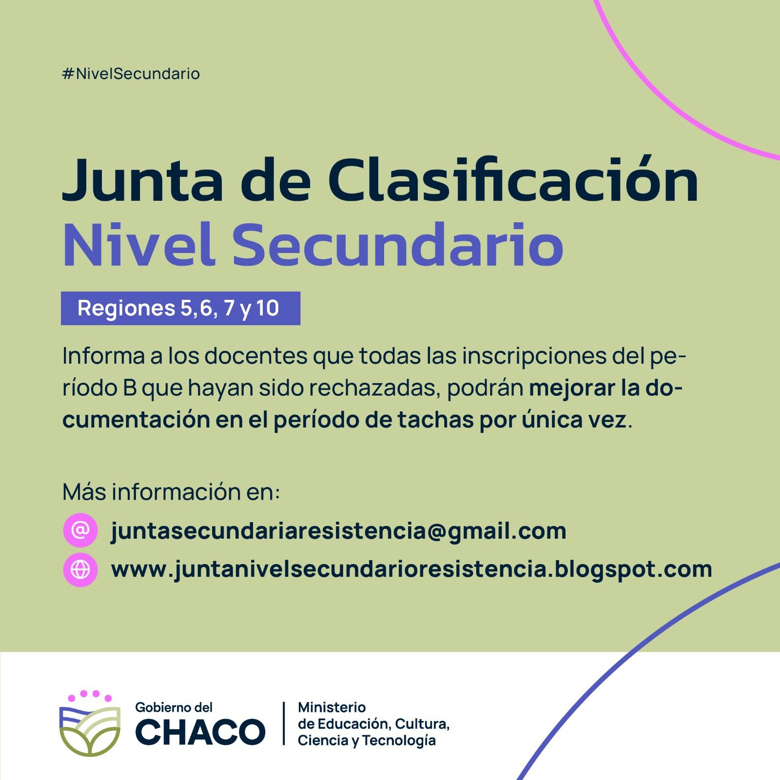 Junta de Clasificación de Nivel Secundario Resistencia: Período de Reclamaciones