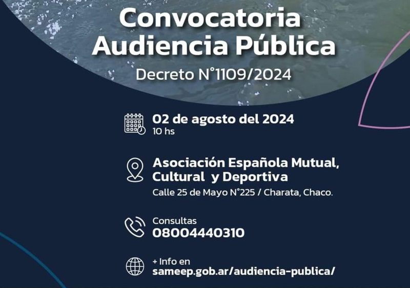 EN CHARATA, SAMEEP REALIZARÁ ESTE VIERNES LA AUDIENCIA PÚBLICA PARA READECUAR LA TARIFA DEL SERVICIO DE AGUA Y CLOACA