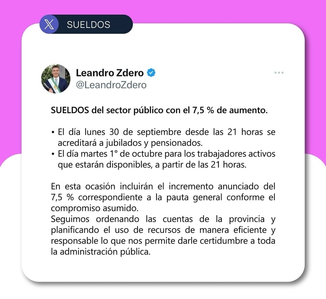 El gobernador Zdero anunció el pago de sueldos con aumento del 7,5% para la administración pública