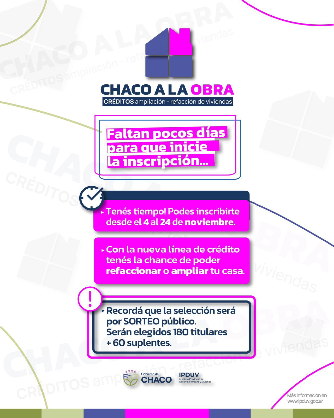 ”CHACO A LA OBRA”: ESTE LUNES 4, SE ABRE LA INSCRIPCIÓN PARA LA LÍNEA DE CRÉDITO DEL IPDUV