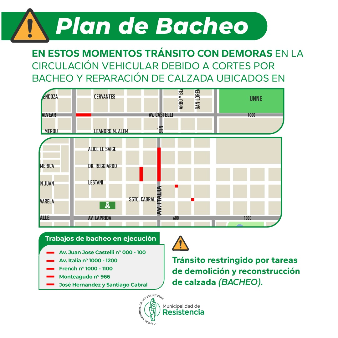 RESISTENCIA: EL MUNICIPIO CONTINÚA CON EL PLAN DE BACHEO: LISTADO DE CALLES Y AVENIDAS EN LAS QUE TRABAJARÁ DEL 2 AL 6 DE NOVIEMBRE